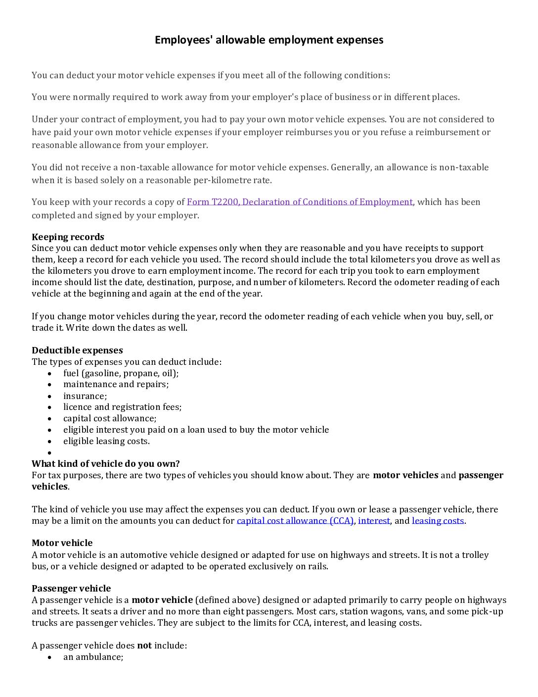 Employees Allowable Employment Expenses