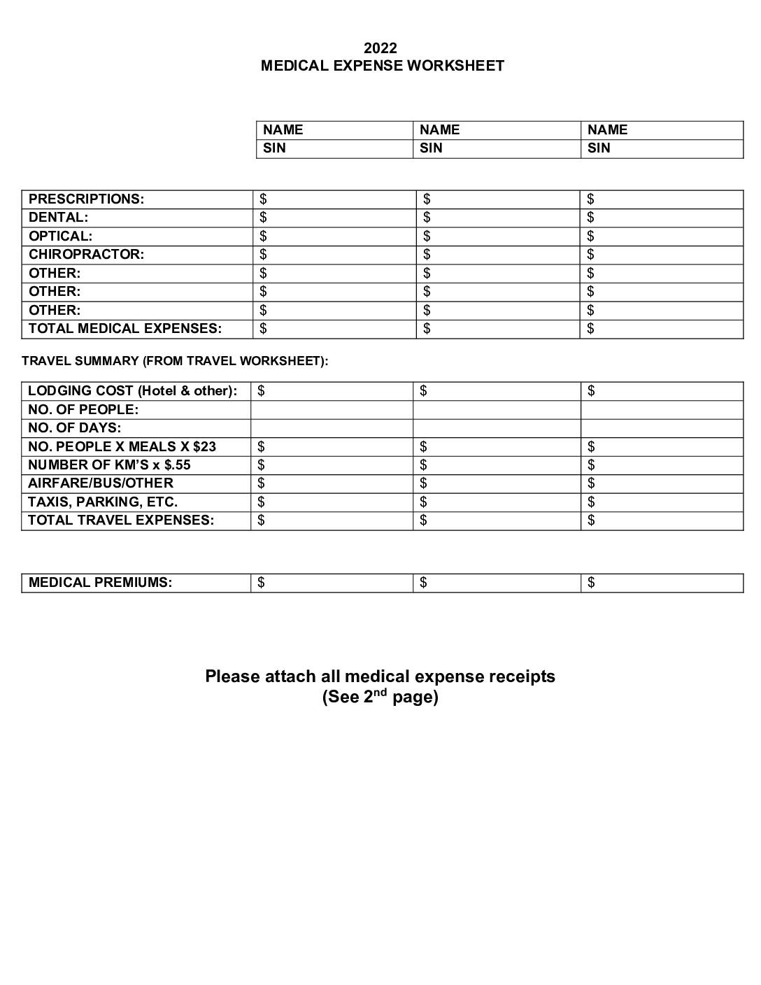 Medical Expense Worksheet