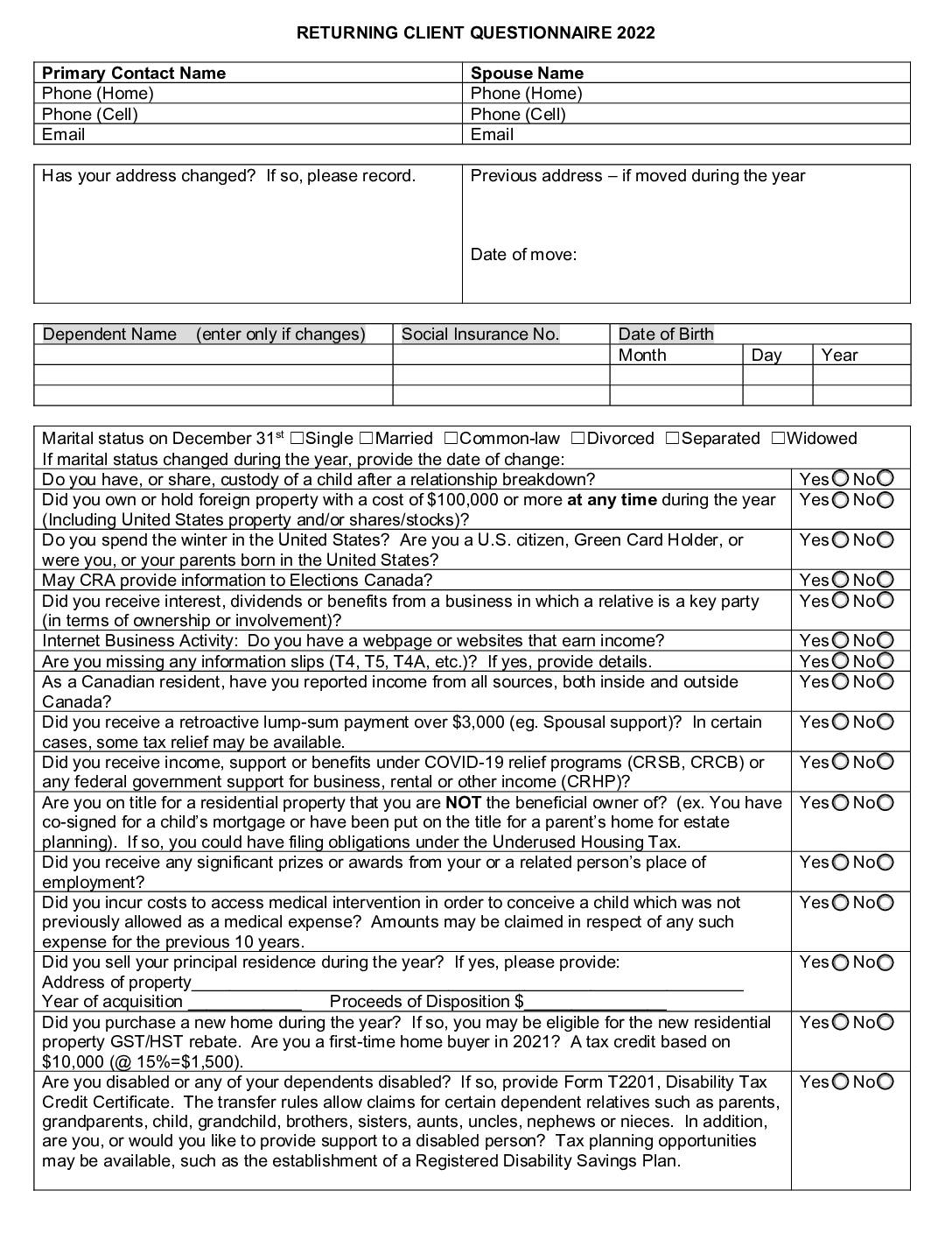 2022 Returning Client Questionnaire