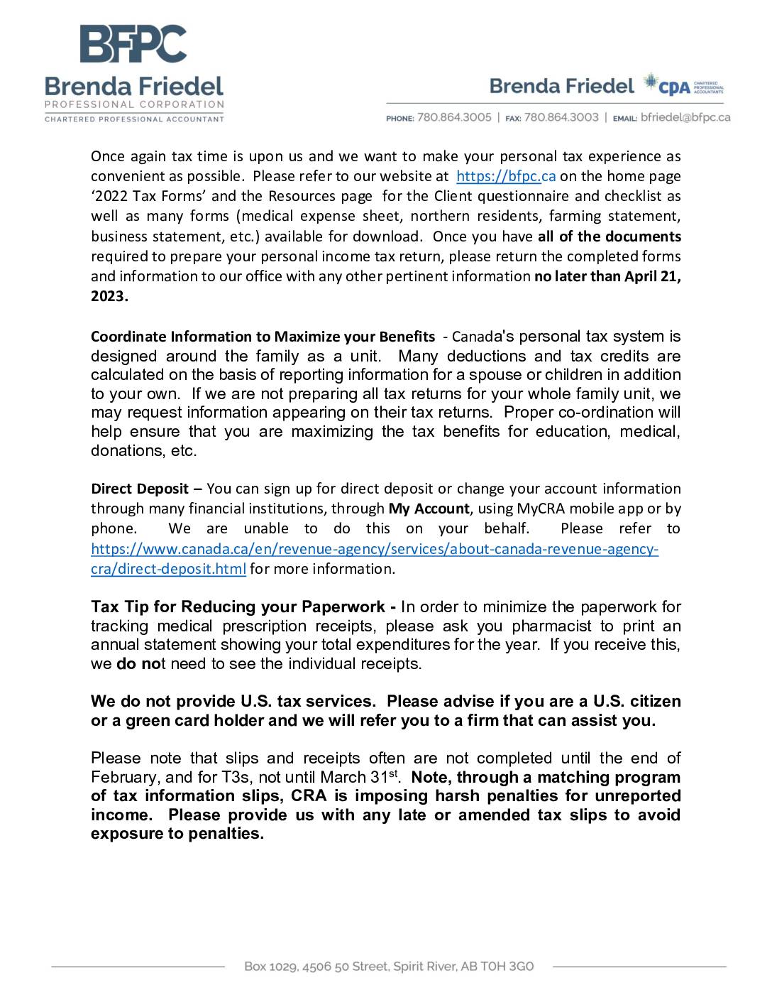 2022 Letter To Returning Clients